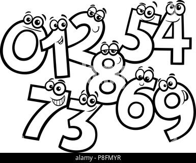 Black and White Educational Cartoon Illustrations of Basic Numbers Characters Group Coloring Book Stock Vector