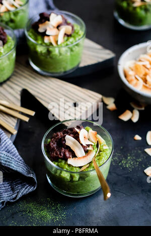 Coconut Matcha Rice Pudding with Date Adzuki Bean Paste Stock Photo