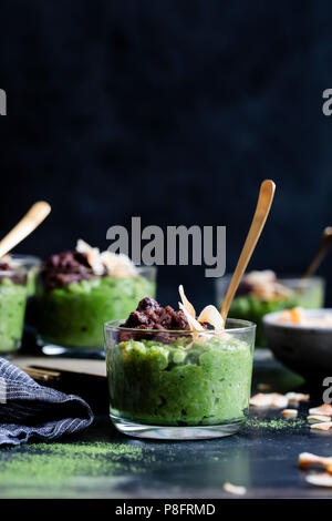 Coconut Matcha Rice Pudding with Date Adzuki Bean Paste Stock Photo