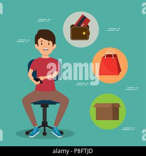 young man in the office chair with set business icons Stock Vector