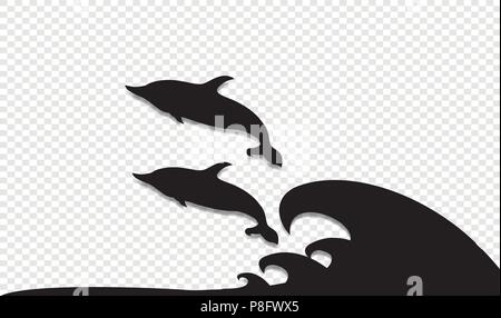Vector black silhouette illustration of two dolphins playing and jumping on sea waves icon isolated on transparent background. Stock Vector