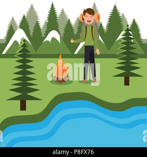 young scout in the camping zone scene Stock Vector