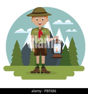 young scout in the camping zone scene Stock Vector