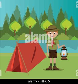 young scout in the camping zone scene Stock Vector