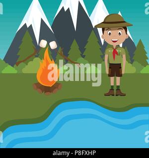 young scout in the camping zone scene Stock Vector