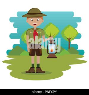 young scout in the camping zone scene Stock Vector