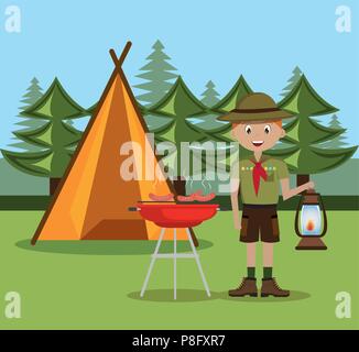 young scout in the camping zone scene Stock Vector