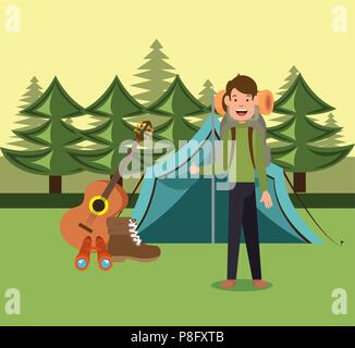 young scout in the camping zone scene Stock Vector