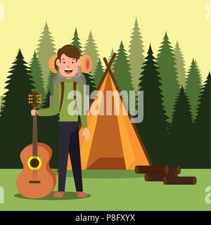 young scout in the camping zone scene Stock Vector