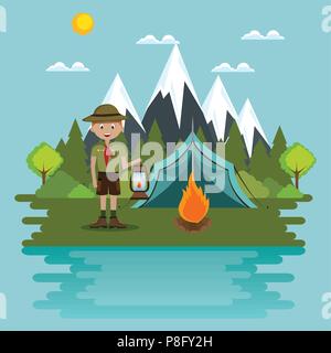 young scout in the camping zone scene Stock Vector