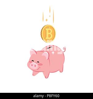 Cute Piggy Bank with falling golden coin of Bitcoin. Concept of saving money, investment, banking. Flat design. Vector illustration. Stock Vector