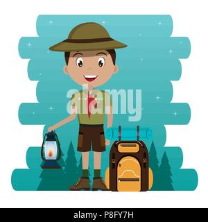 young scout in the camping zone scene Stock Vector