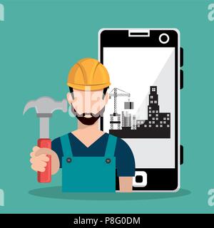 worker under construction with smartphone Stock Vector
