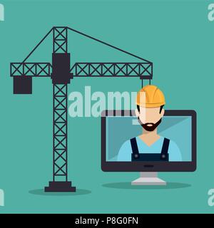 worker under construction with desktop Stock Vector