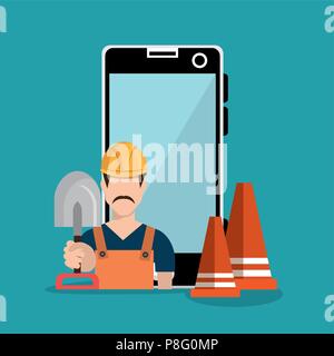 worker under construction with smartphone Stock Vector