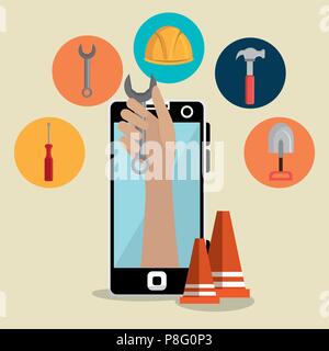 hand worker under construction with smartphone Stock Vector