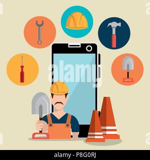 worker under construction with smartphone Stock Vector