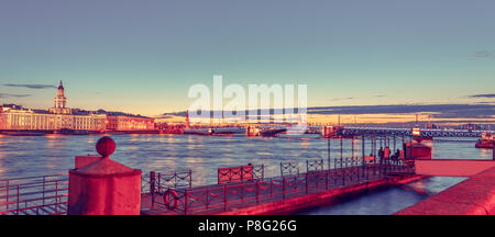 Open Palace Bridge and Peter and Paul Cathedral. White night in St. Petersburg. Panoramic view. Stock Photo