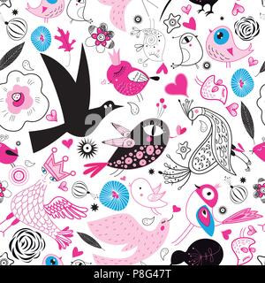 Seamless multi-colored pattern of enamored birds on a white background Stock Vector