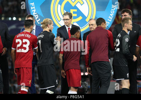 KYIV, UKRAINE - MAY 26, 2018: FC Liverpool players on getting medals on podium after tournament lose. UEFA Champions League final Real Madrid - Liverp Stock Photo