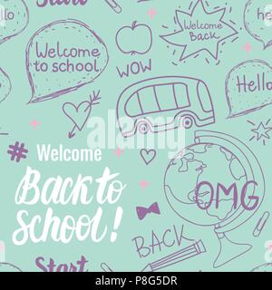 Welcome Back To School Seamless pattern. Vector children's hand drawn illustration in modern colors. Stock Vector