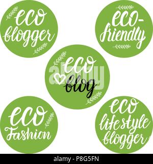 Vector Set Eco fashion, blogger, eco friendly, eco blog, eco life style inscription lettering on green circle shape sign Stock Vector