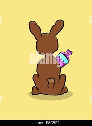 Backside of a cartoon rabbit with a candy cone on a yellow background, vector illustration Stock Vector