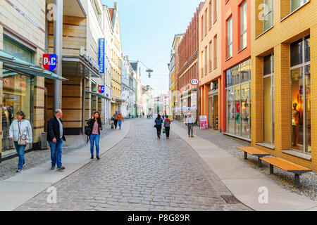 Stralsund, Germany - May 12 2018: shopping street of Stralsund with unidentified people. Stralsund is famous for its old town, its rich heritage is ho Stock Photo
