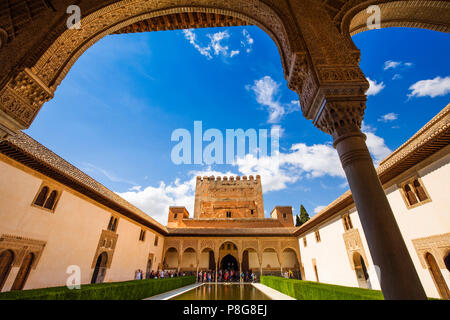 Patio de los Arrayanes. Courtyard of the Myrtles, Comares Palace, Nazaries palaces. Alhambra, UNESCO World Heritage Site. Granada City. Andalusia, Sou Stock Photo