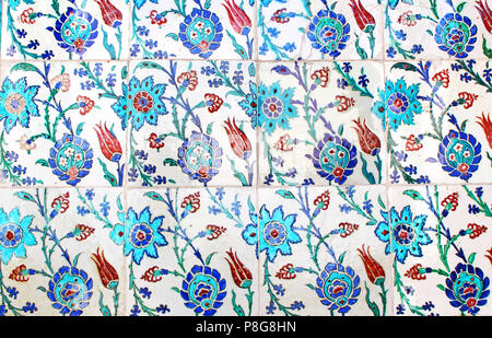 Close up photo of handmade Turkish tiles, in Topkapi Palace, Istanbul, Turkey Stock Photo