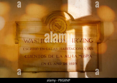 Washington Irving, Cuentos de la Alhambra, UNESCO World Heritage Site. Granada City. Andalusia, Southern Spain Europe Stock Photo