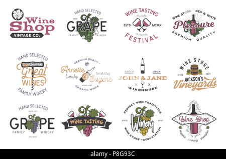 Wine logos, labels set. Winery, wine shop, vineyards badges collection. Retro Drink symbol. Typographic design illustration. Stock colorful emblems and icons isolated on white background Stock Photo