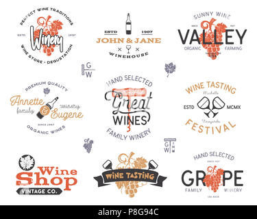 Wine logos, labels set. Winery, wine shop, vineyards badges collection. Retro colors. Typographic hand drawn design illustration. Stock emblems and icons isolated on white background Stock Photo