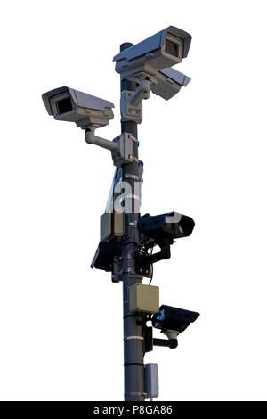 Different types of CCTV security cameras fixed on a pole, isolated on a white background - security, big brother concept Stock Photo