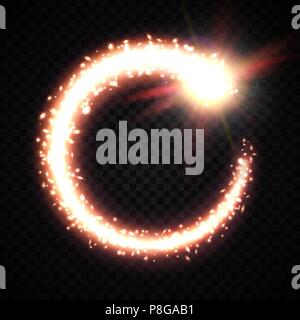 Golden comet tail frame on transparent background. Magic swirl with glitter particles. Bright gold texture comet with dust gas sparkling trail. Cosmic light flash. Galactic nebula vector illustration. Stock Vector
