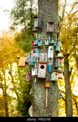 Lots of colorful nesting boxes on a tree Stock Photo