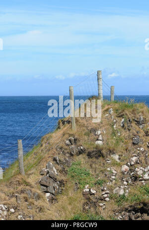 A wire fence runs along the edge of a low cliff. Murlough Bay between Fair Head and Torr Head. County Antrim, Northern Ireland Stock Photo