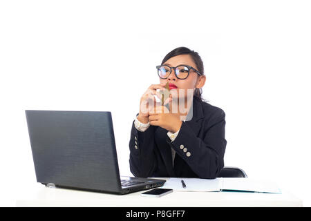 Businesswoman in suit holding showing business smart card isolated on white background. Stock Photo