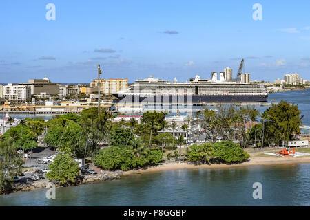 San Juan, Puerto Rico - April 02 2014: Holland America Nieuw Amsterdam Cruise Ship moored at the San Juan Cruise Port in Puerto Rico. Stock Photo