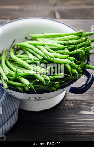 French Beans in an enamel colander Stock Photo