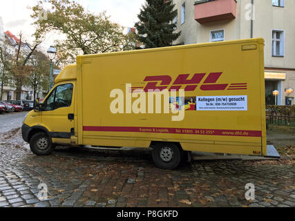 Berlin, Germany, delivery van of DHL with application call Stock Photo