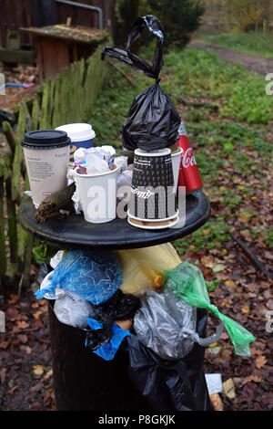 Berlin, Germany, overflowing dustbin in a green area Stock Photo