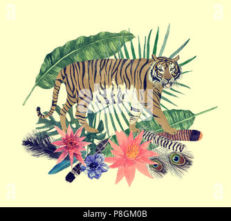 Hand drawn vintage watercolor illustration with tiger, feathers, flowers, leaves. Stock Photo