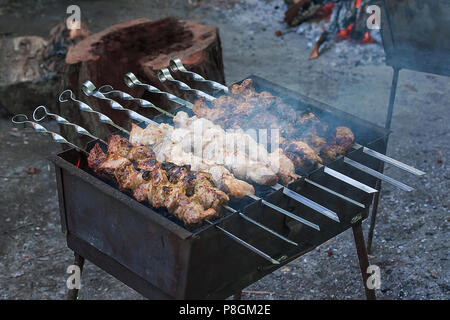 Just grilled, hot and ready to eat shashlik made of various types of meat on metal skewers. This dish is traditional for many countries with little va Stock Photo