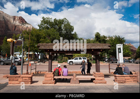 Zion Canyon shuttle stop in Springdale, Utah, USA. Stock Photo