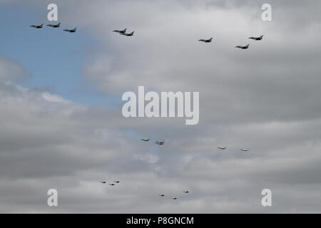 22 RAF Typhoons forming up for the RAF 100 years anniversary flypast. Photographed over Ipswich, Suffolk. Stock Photo