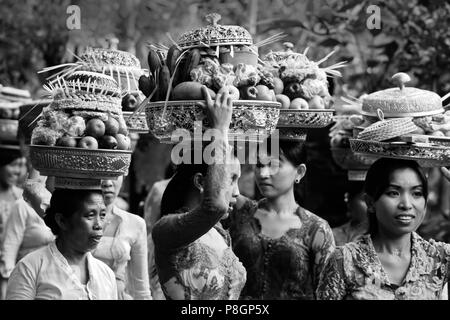 Women bring offerings of frut, flowers and pastries to the PURA TIRTA EMPUL TEMPLE COMPLEX during  GALUNGAN FESTIVAL -  TAMPAKSIRING, BALI, INDONESIA Stock Photo