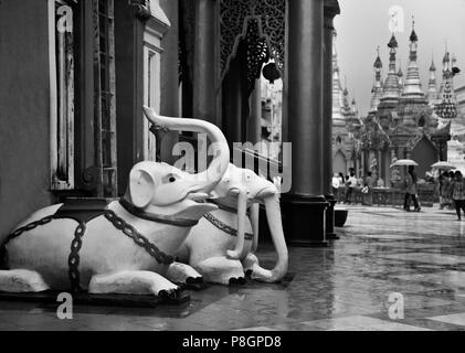 Good luck ELEPHANT STATUES at the SHWEDAGON PAYA or PAGODA which dates from 1485 - YANGON, MYANAMAR Stock Photo