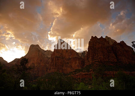 UT00437-00...UTAH - Sunset over the Court of the Patriarchs in the Zion Canyon area of Zion National Park. Stock Photo
