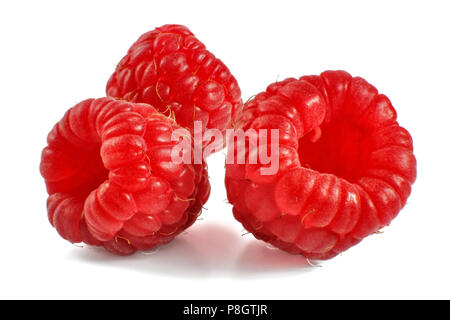 Three raspberries isolated on white background Stock Photo